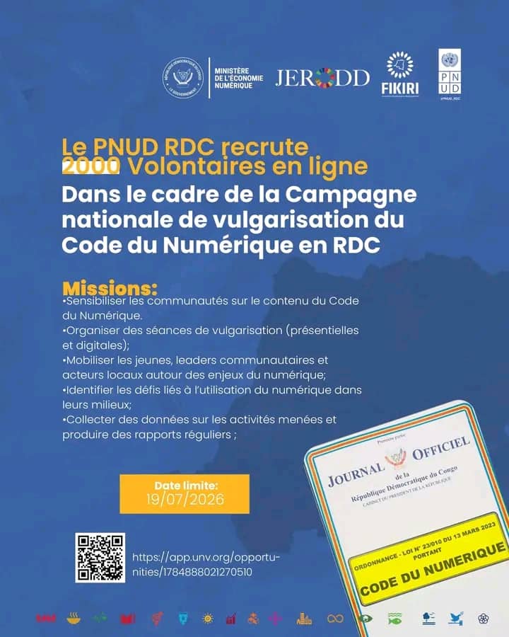 RDC : 2 000 postes à pourvoir, le gouvernement et le PNUD lancent un vaste recrutement des volontaires du numérique